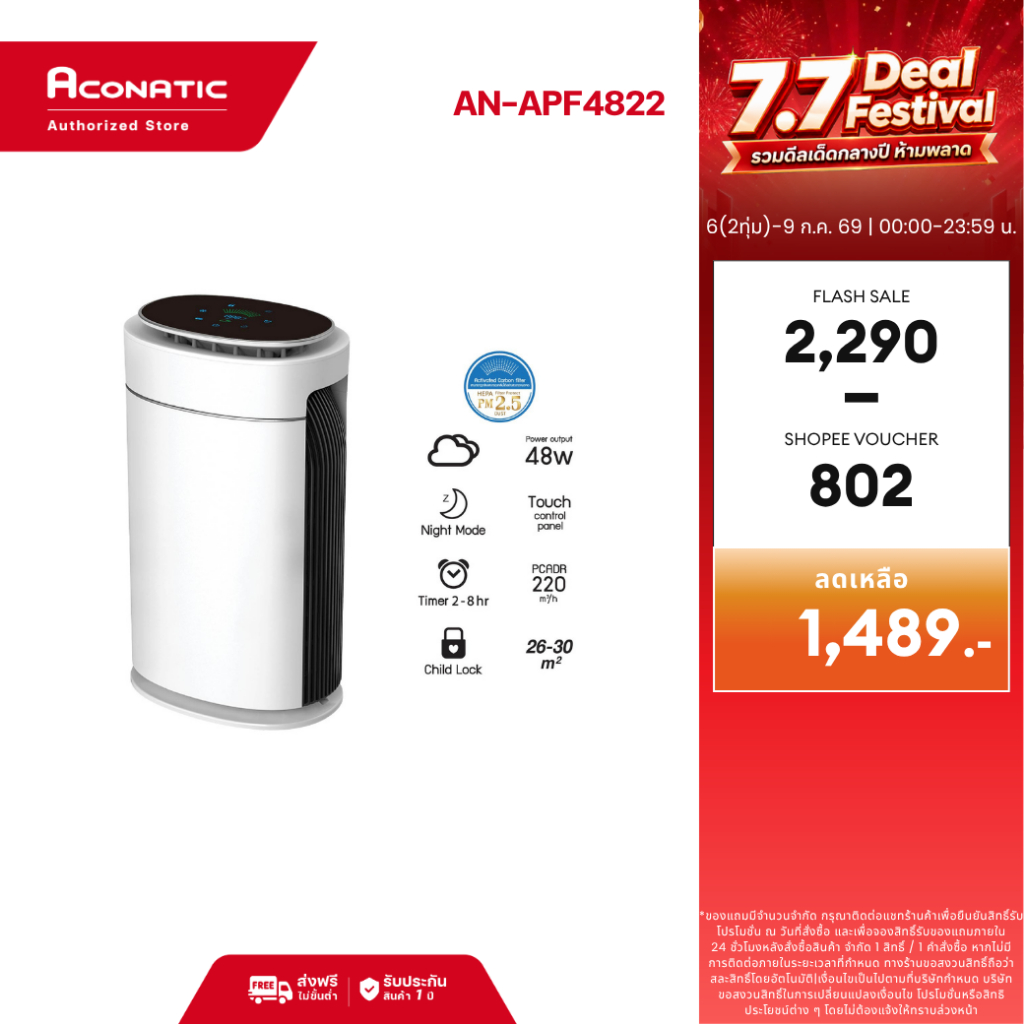 Aconatic เครื่องฟอกอากาศ Air Purifier รุ่น AN-APF4822 พร้อมกรอง HEPA 3 ชั้น (รับประกัน 1 ปี)