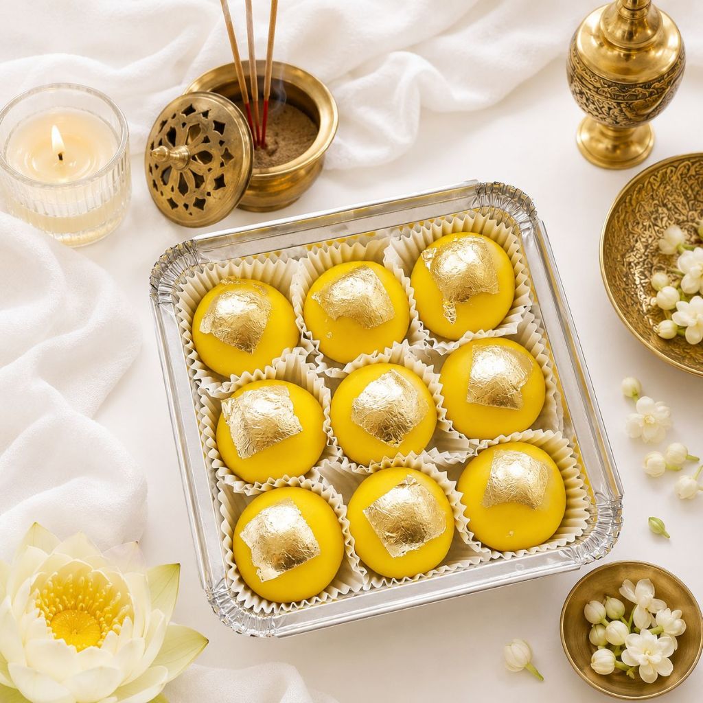 🕉✨[พรีออเดอร์ 1 วัน  ] (สูตรอินเดีย ถวายอย่างถูกต้อง)  !ขนมโมทะกะ ลาดู เล็กปิดทองคำ 9 ลูก