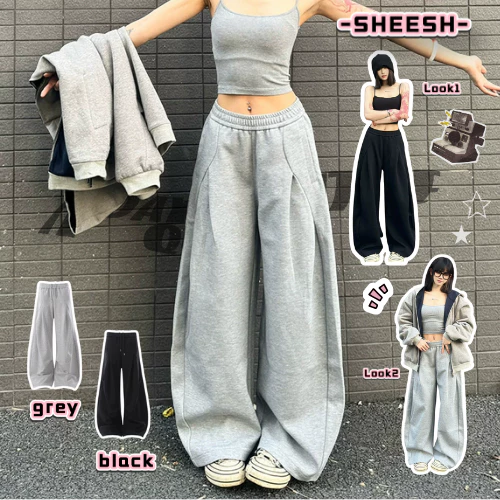 SHEESHกางเกงลำลองขากว้าง unisex สไตล์เกาหลีญี่ปุ่น เอวยางเชือกดึง กระเป๋าข้างใหญ่ ผ้านุ่ม สีเทาดำ ไซส์M-3XL ใส่ทำงานสบาย