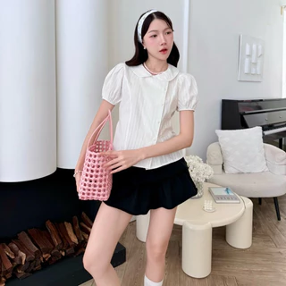 🌻เสื้อเชิ้ตคอบัวแขนตุ๊กตาสไตล์เกาหลี ดีเทลแต่งกระดุมเบี่ยงมีเชือกผูกปรับหลัง ทรงน่ารัก มินิมอล (Tothemoon)