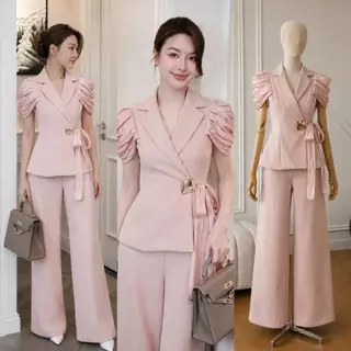 S-XXL ชุดเซท 2 ชิ้น เสื้อทรงสูท+กางเกงขายาว สีครีม/ชมพู/ดำ สวยค่า #lalabelle
