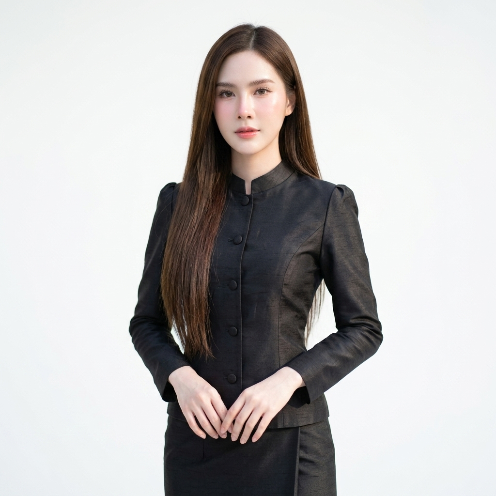 เสื้อจิตลดาผ้าไหมสี่เส้น สีดำ คอจีนแขนยาว เสื้อทำงาน เสื้อชุดไทยประยุกต์ ชุดไทยสุภาพ เสื้อไซส์ใหญ่ อก34-46นิ้ว [M5]