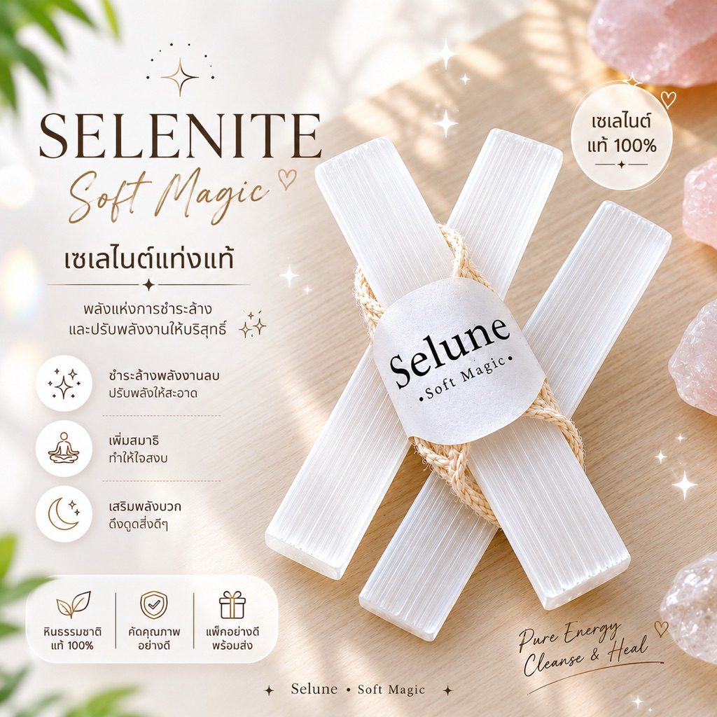 หินเซเลไนต์แท้ 💯% | Selenite Stick | หินล้างพลังงาน เสริมสมาธิ ปรับฮวงจุ้ย | Selune
