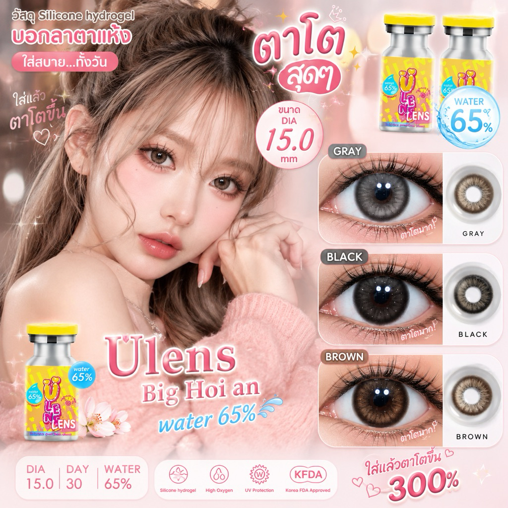 เลนส์พรีเมียม Silicone hydrogel ค่าน้ำ 65% ตาโต 15.0 Big Hoi an สาวโต่วอิน มีค่าสายตา0.00-650 สีเทา สีน้ำตาล