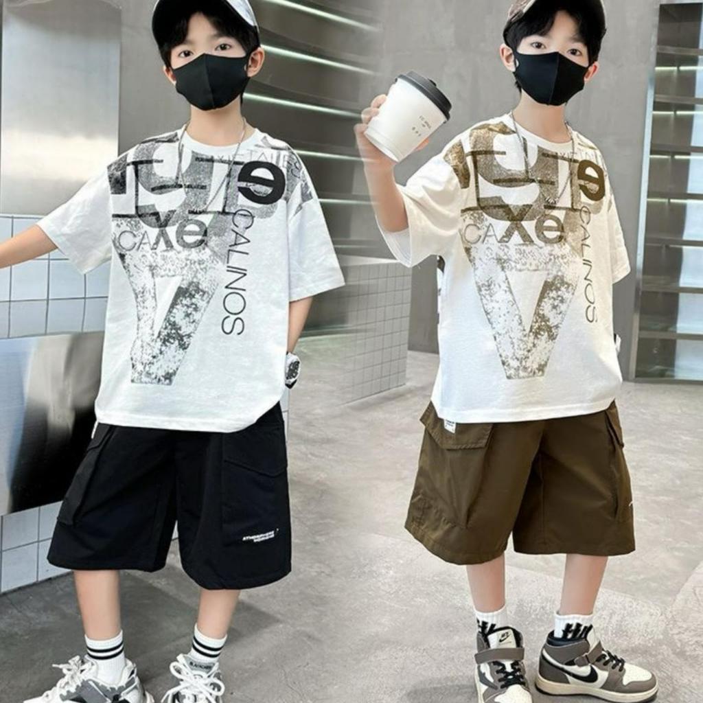 ML-763ชุดเซ็ตเด็กผู้ชาย 2ชิ้น เสื้อโอเวอร์ไซซ์+กางเกงคาร์โก้ สไตล์เกาหลี หล่อเท่ ใส่สบาย 4-14ปี พร้อมส่ง
