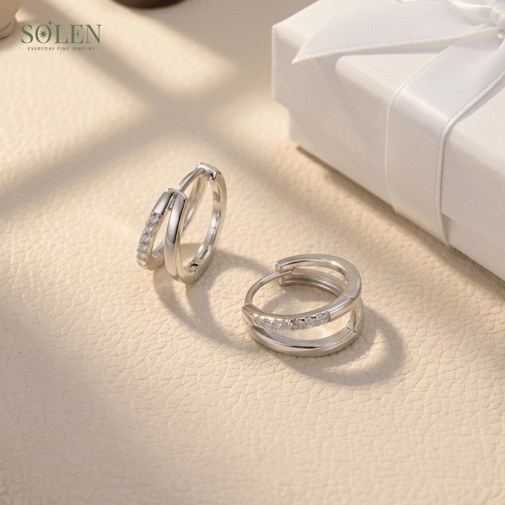 ต่างหู SOLEN Dualis ต่างหู 2 ชั้น ประดับเพชรมินิมอล ก้านเงินแท้ 925 ผิวแพ้ง่ายใส่ได้ ใส่ทำงาน/ออกงาน