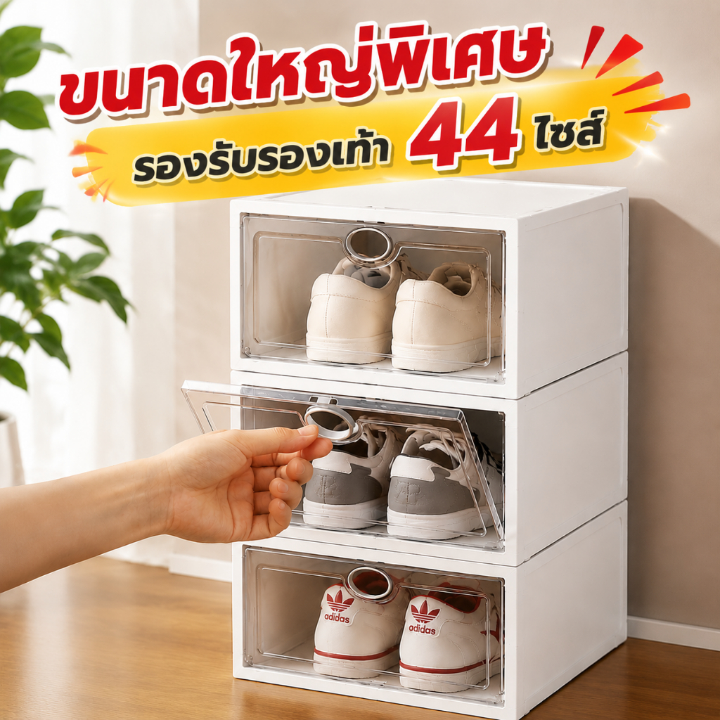 กล่องใส่รองเท้า กล่องพลาสติกแข็ง ซ้อนกันได้หลายชั้น ฝาปิดเปิดง่าย เหมาะสำหรับห้องเช่า สำนักงาน และบ้าน"