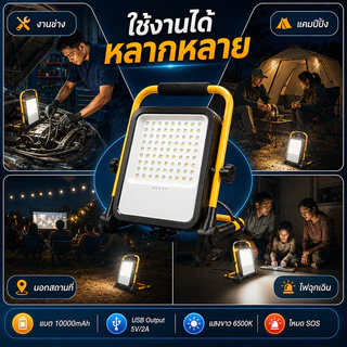 ไฟสปอร์ตไลท์ LED พกพา 100W แบต 10000mAh ชาร์จ USB มีโหมด SOS สำหรับแคมป์ปิ้ง งานช่าง ไฟดับ