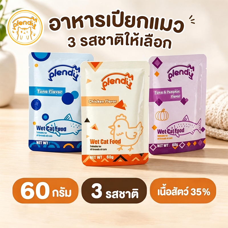 Plendy【อาหารเปียกแมวพรีเมียม】อาหารแมวเปียก 60g กลูเตนฟรี เนื้อสัตว์35% ทูน่า/ไก่ ขนมแมว สุขภาพดี แมวกินง่าย