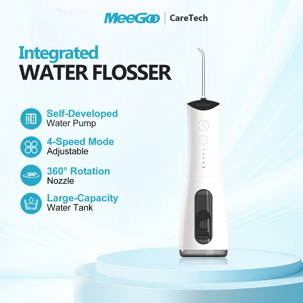 MeeGoo เครื่องล้างฟันรวมชิ้น แรงดัน 40-135PSI ถัง 300ml ถอดล้าง ด้ามกันลื่น หัวฉีด FDA 5 แบบ ชาร์จType-C ดูแลจัดฟัน