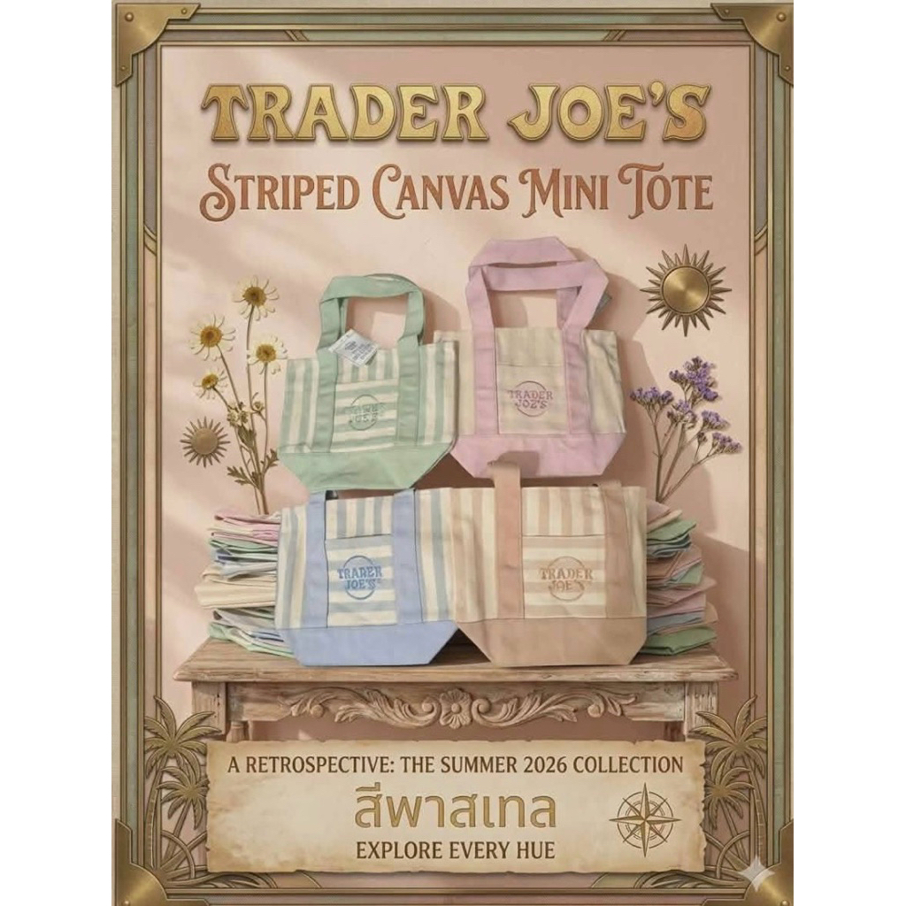 Trader Joe 's Mini Striped Canvas Tote Pastel ของแท้ จาก USA พร้อมส่ง !!!!