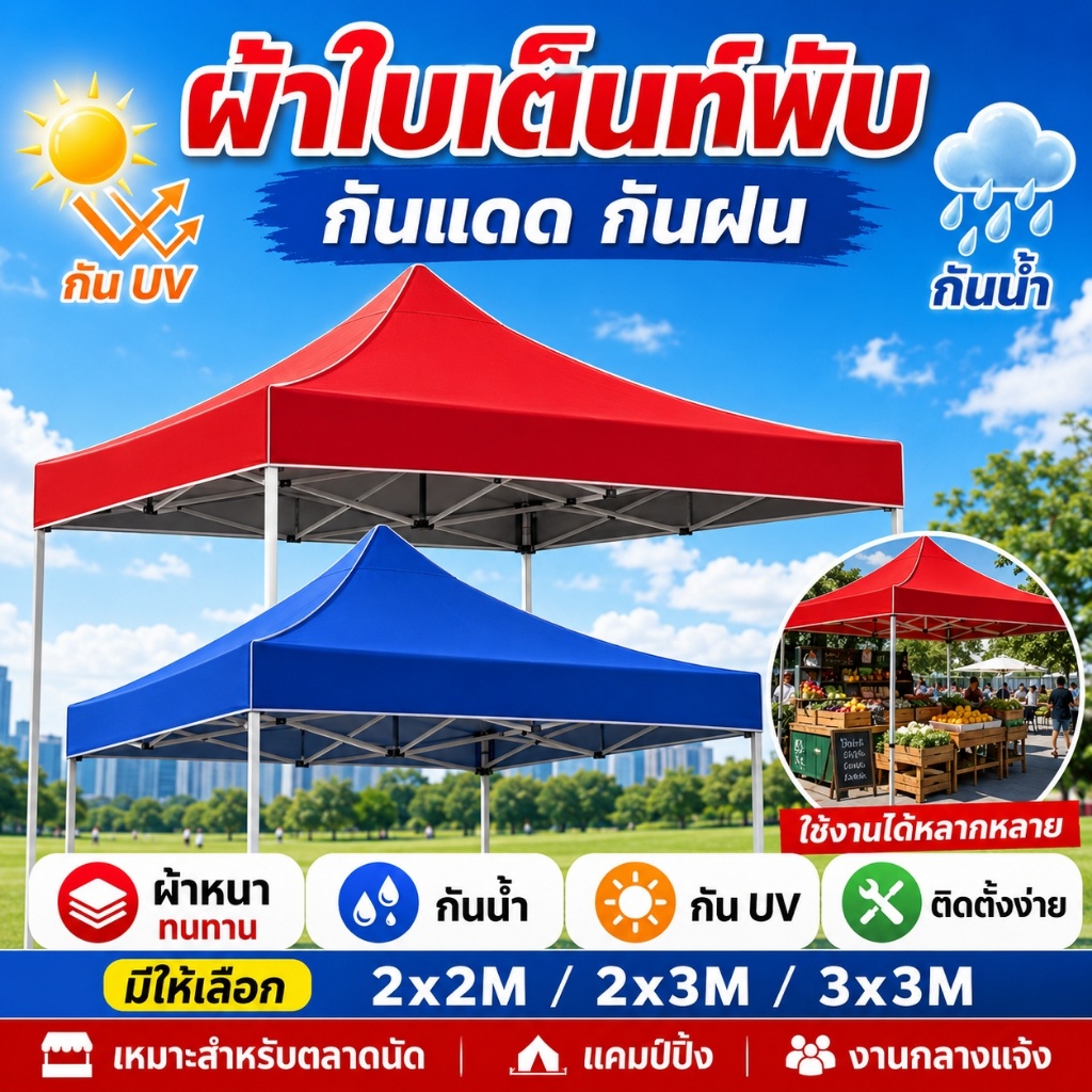 ผ้าเต้นท์ เต็นท์แบบผ้า 2x2 2x3 3x3  ผ้าใบเต็นท์ 3200D กันยูวี 100% อุปกรณ์เต็นท์พับได้ เต็นท์ผืนผ้าใบ