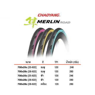 ยางนอกเสือหมอบรุ่นใหม่จาก CHAOYANG รุ่น MERLIN ROAD สเปคยาง ที่ได้ทั้ง RACING และ TRAINING มีขนาด 700x25c และ 700x28c