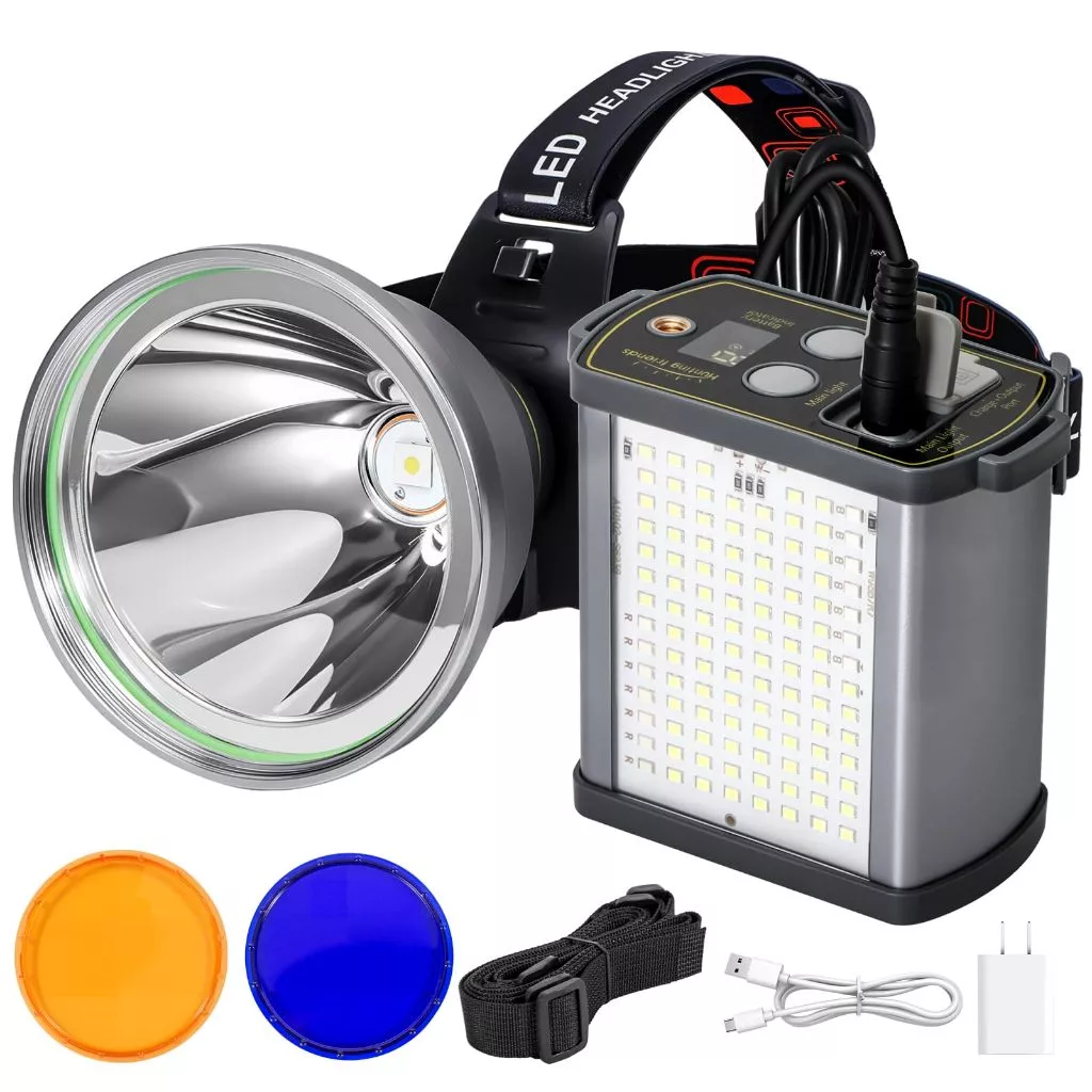 ไฟฉายคาดหัว LED เลเซอร์ขาว 12000mAh พร้อมไฟข้างและเลนส์เสริม สำหรับตกปลา เดินป่า งานกลางคืน
