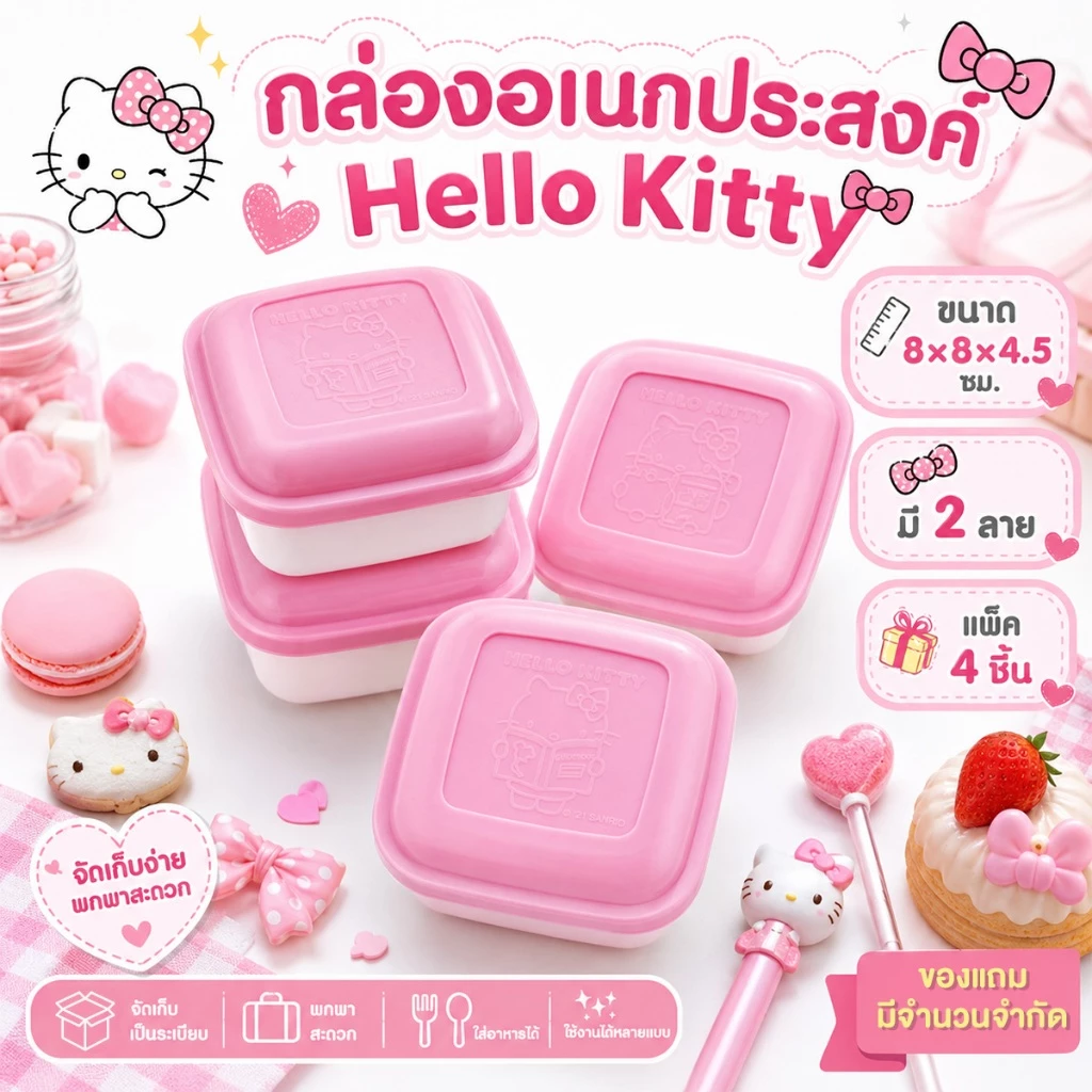 ของแถมกล่อง Kitty ลิขสิทธิ์แท้ SANRIO สุดน่ารัก แพ็ก 4 ชิ้น สำหรับยอดซื้อครบ 1,000 บาทขึ้นไป กดรับที่ Add-on