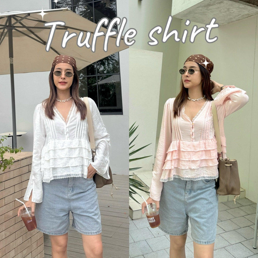 TRUFFLE SHIRT (สีจริงรูปสุดท้าย)งานเสื้อดีเทลลูกไม้ระบายชั้น คอวีลึกกำลังดี my