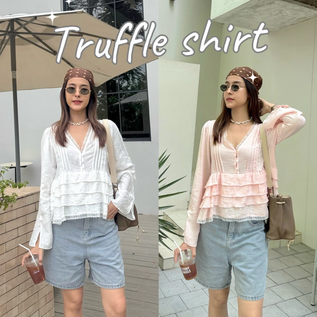 TRUFFLE SHIRT (สีจริงรูปสุดท้าย)งานเสื้อดีเทลลูกไม้ระบายชั้น คอวีลึกกำลังดี my