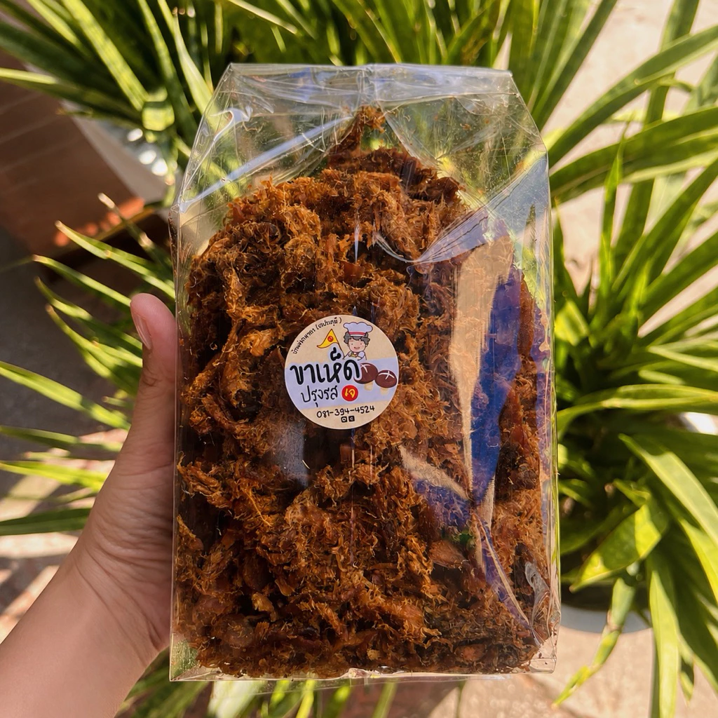 เนื้อแดดเดียวเจไร้น้ำมัน (ขาเห็ดทุบปรุงรสเจ ขนาด400กรัม)#ขาเห็ดหอม#อาหารเจพร้อมทาน#ขาเห็ด
