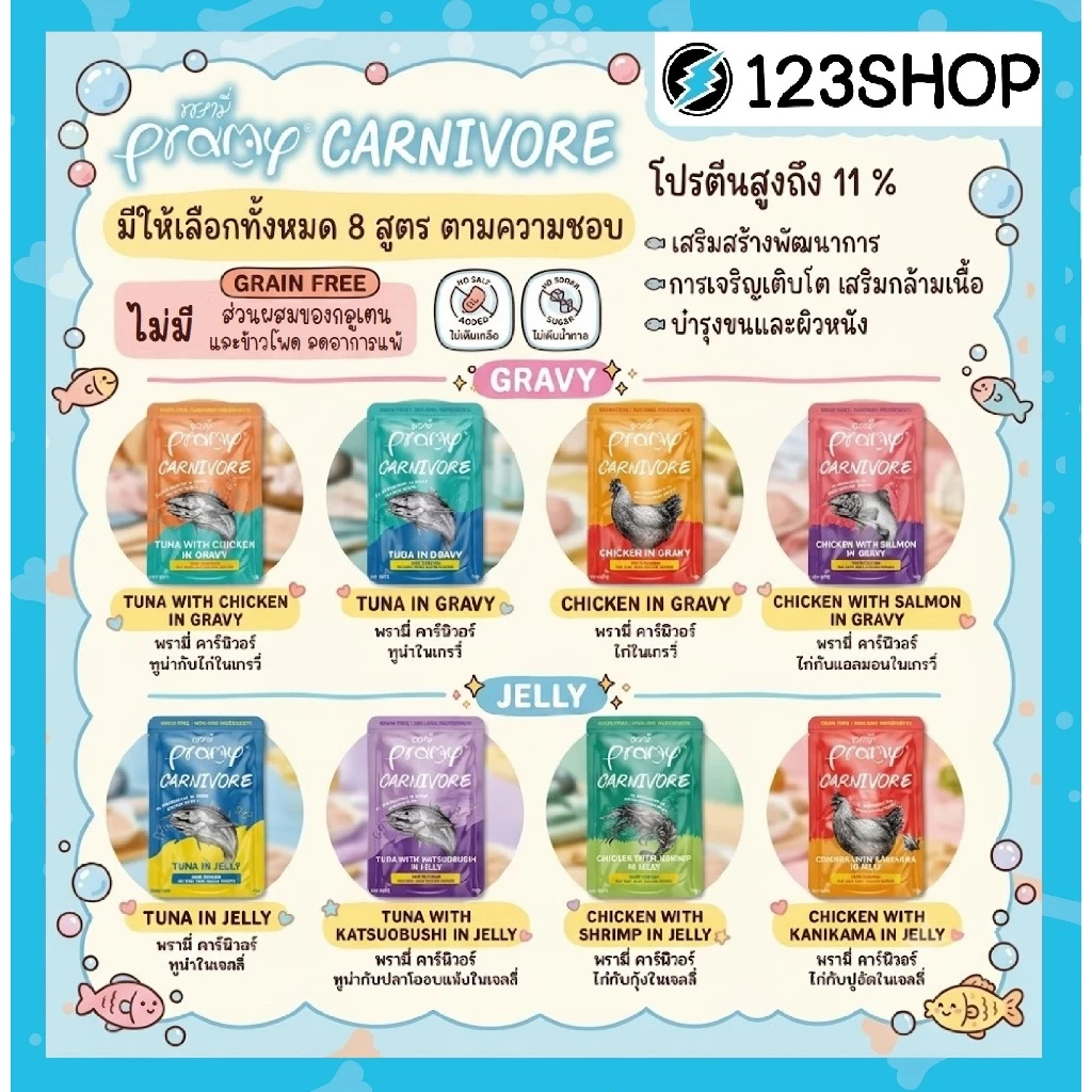 **ไลฟ์มีcode40%**(12ซอง)Pramy Carnivore พรามี่ คาร์นิวอร์ อาหารเปียกแมว เกรนฟรี ขนาด 70g.