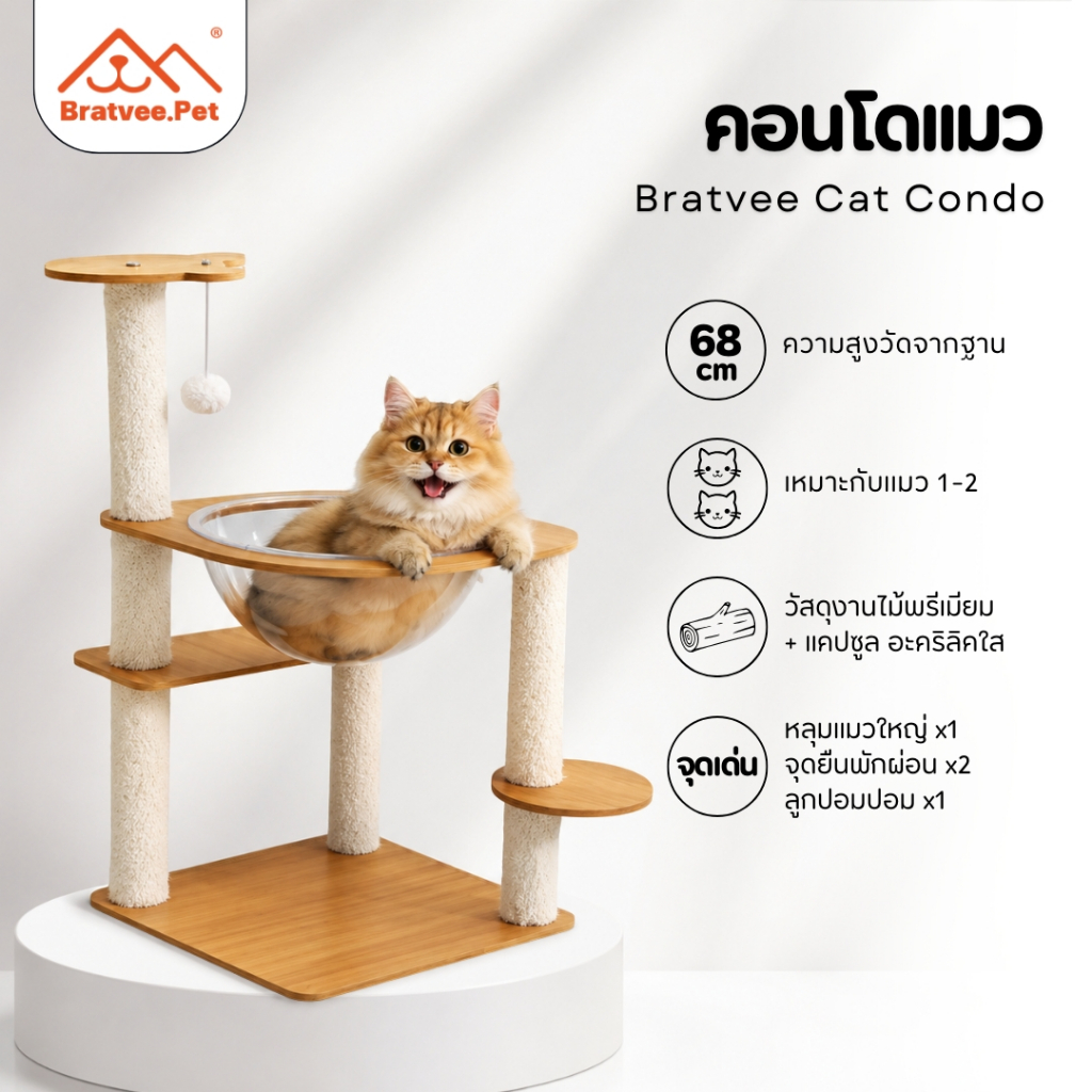 [Bratvee] Cat Condo คอนโดแมว มีหลุมอวกาศ ที่ลับเล็บ คอนโดแมว ขนาดกระทัดรัด สำหรับแมว 1-2 ตัว