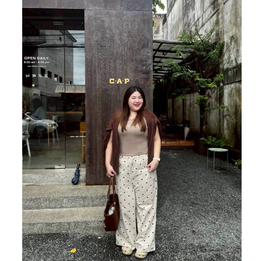 [กรอกโค้ด 99VERYWOW ลด 30%] Olivia Pants กางเกงขายาวจุดผ้าคอตตอนลินินสาวอวบ เอว 32-44"