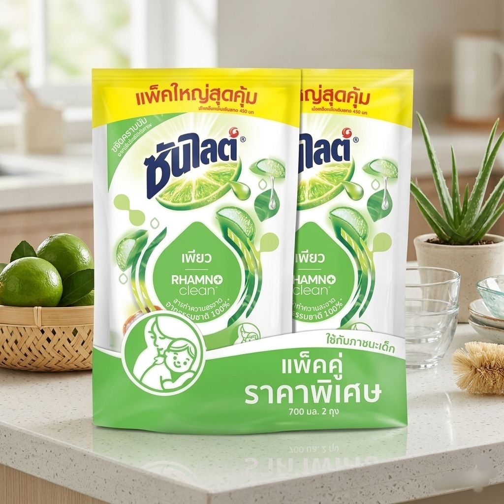 Sunlight ซันไลต์ เพียว น้ำยาล้างจานสำหรับภาชนะเด็ก ถุงเติม 700มล. x 2 ถุง (1400มล.)