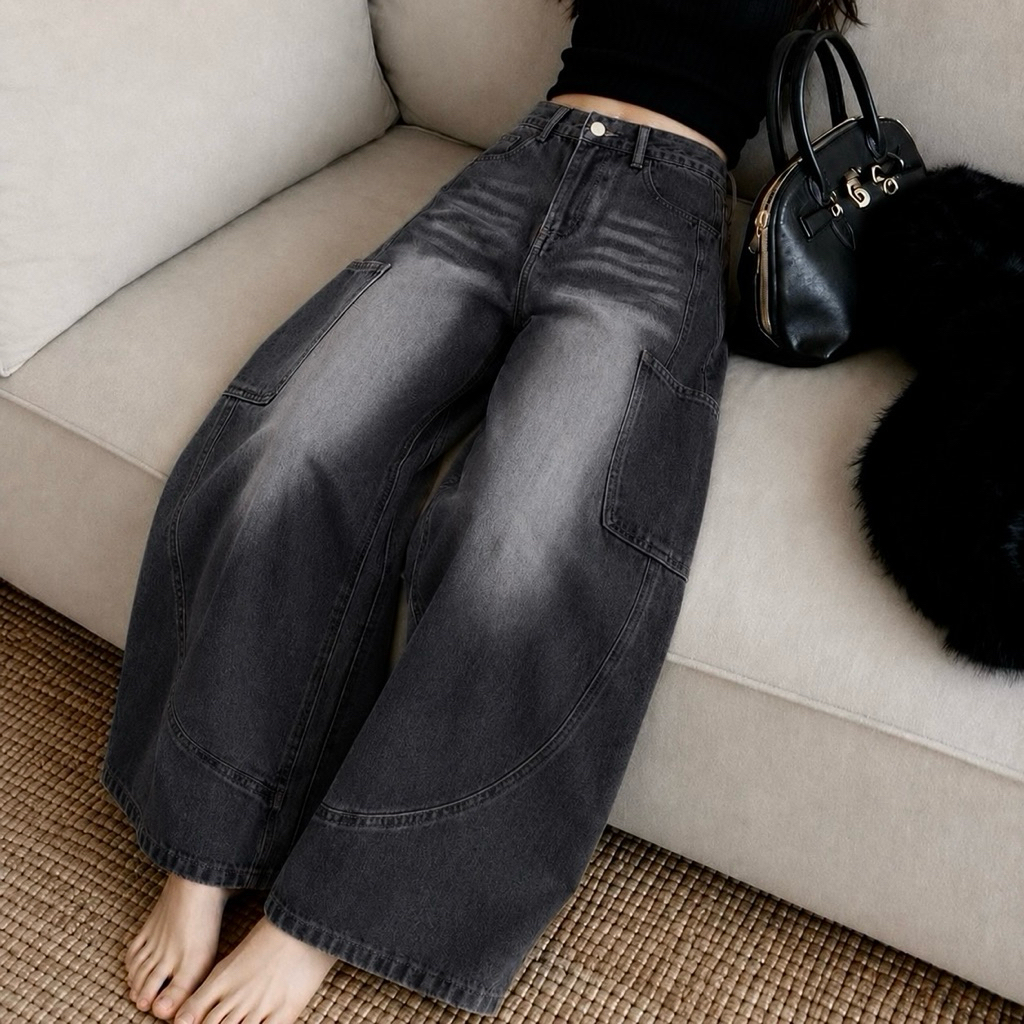 JINJEANS-586 (XS-6XL) กางเกงยีนส์คาร์โก้ ทรงบาเรล กระเป๋าเฉียงสวยมาก พร้อมส่งจากไทย
