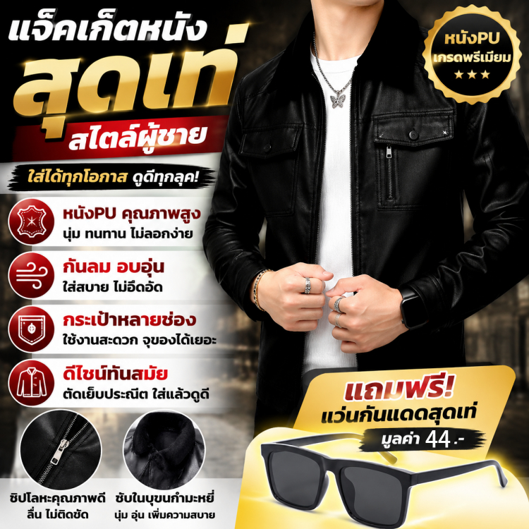แจ็คเก็ตหนัง PU ผู้ชาย ทรงสตรีท สุดเท่ กันลม อบอุ่น เนื้อในขนแกะ ใส่สบาย กันหนาว