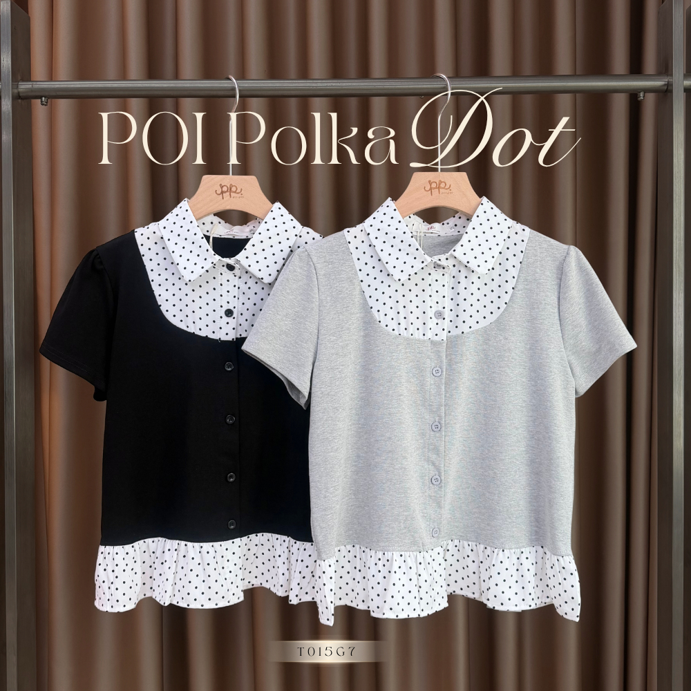 POI Polka dot เสื้อยืดคอบัวลายจุดทูโทนแต่งระบาย T015G7