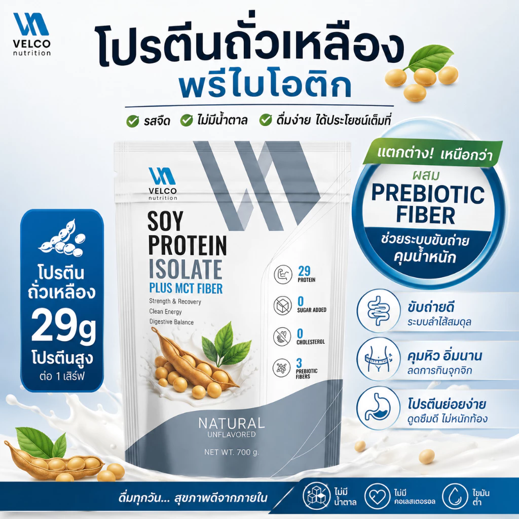 Velco nutrition Soy protein isolate plus mct fiber ซอยโปรตีน พลัส ไฟเบอร์ โปรตีนถั่วเหลือง รสจืด เพิ่มพรีไบโอติก