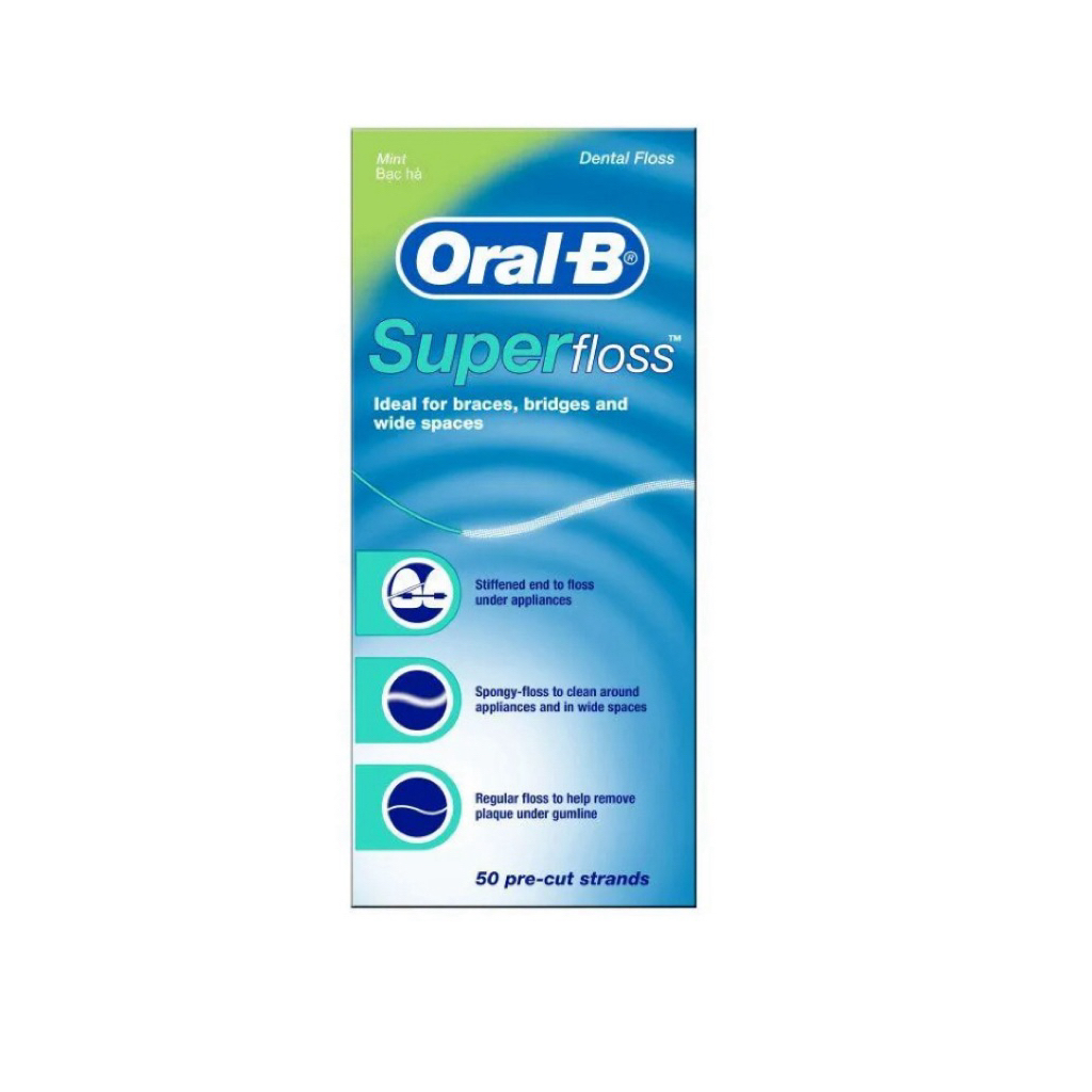 ของแท้  Oral-B Super Floss ไหมขัดฟันสำหรับคนจัดฟัน/สะพานฟัน 50 เส้น กลิ่นมิ้นต์