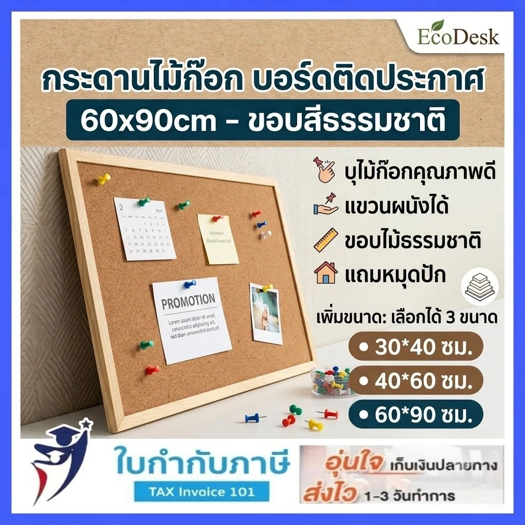 Hawk กระดานไม้ก๊อก บอร์ดติดประกาศ 30*40 40*60 60x90cm - ขอบสีธรรมชาติ
