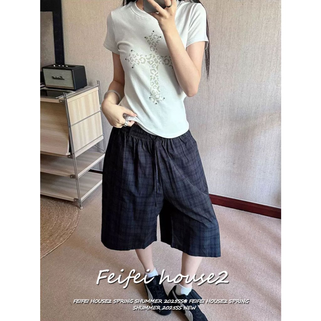 [Feifei-Color-block plaid pants]กางเกง7ส่วนฤดูร้อนสไตล์วินเทจเอวสูงมีเชือกดึงเอวห่วงรัดเข็มขัดลายตาราง