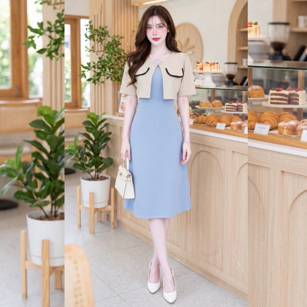 สินค้าพร้อมส่ง ชุดเดรส ผ้าวูลเวฟ เสื้อแต่งคลุมทรูโทน รูปที่ 6