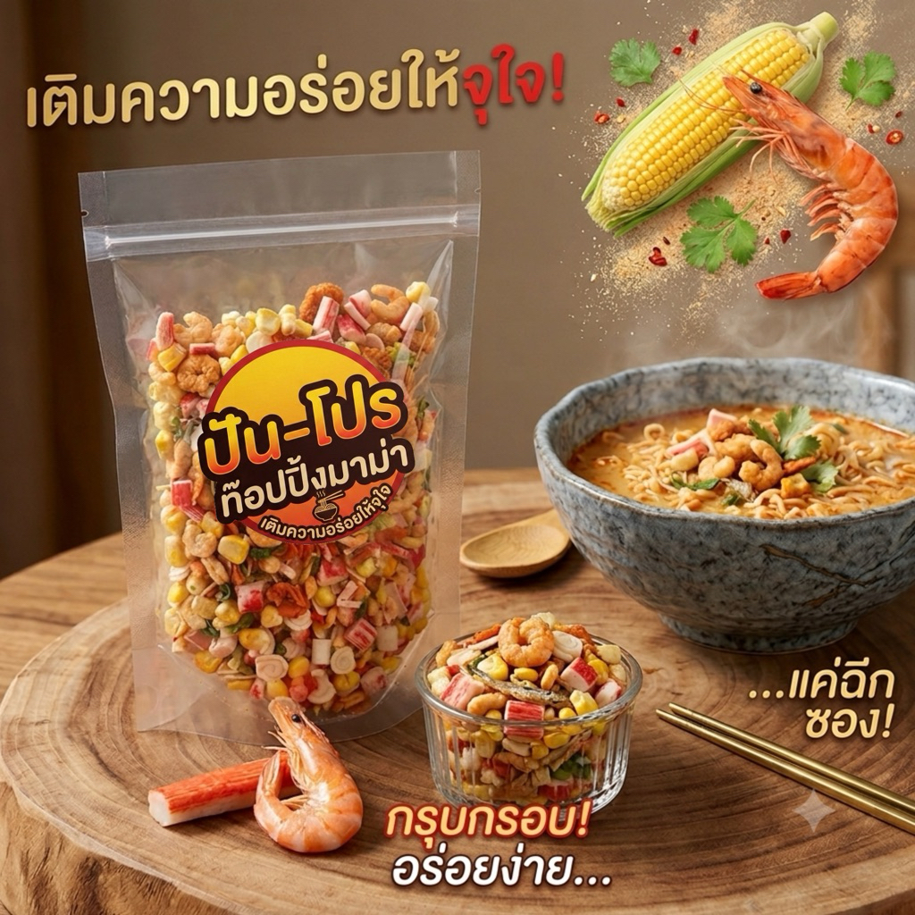 [150g.] Topping Pun-pro ท๊อปปิ้งมาม่า ข้าวต้ม โจ๊ก ปัน-โปร ประกอบด้วยกุ้งเบาอบกรอบ ปูอัด นารูโตะ ผักอบ ข้าวโพดอบ