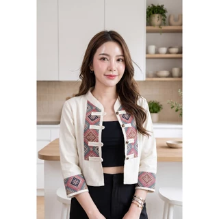 เสื้อคลุมผ้าฝ้ายคอจีนกระดุมหน้าแต่งผ้าทอ