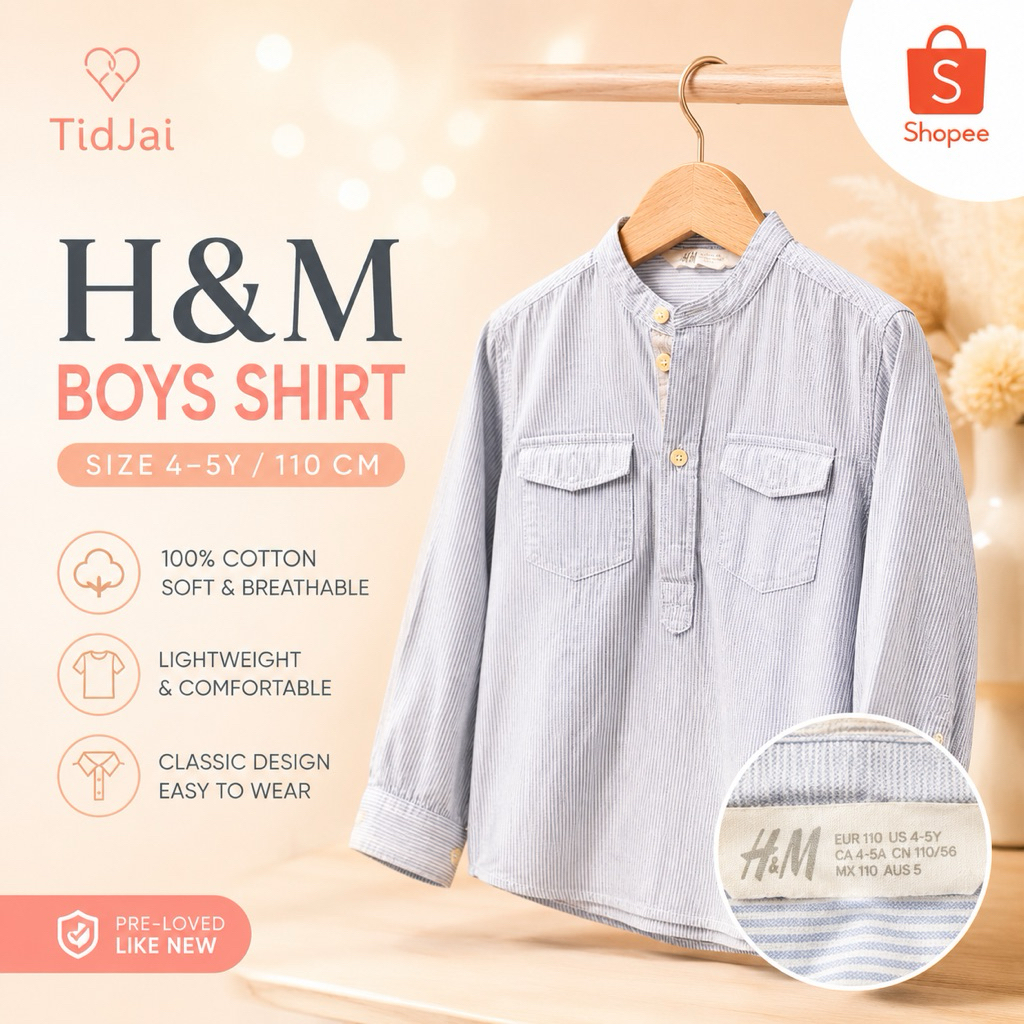H&M เสื้อเชิ้ตเด็กแขนยาว ลายทางสีฟ้าอ่อน คอจีน ไซซ์ US 4-5 / EUR 110 มือสอง