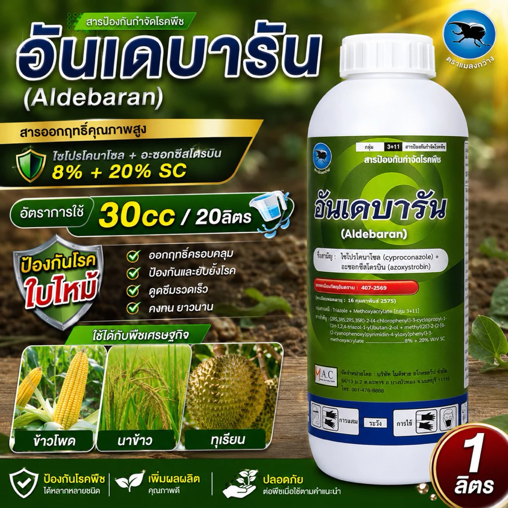 อันเดบารัน 1 ลิตร สารไซโปรโคนาโซล + อะซอกซีสโตรบิน ป้องกันโรคใบไหม้ ในข้าวโพด นาข้าว ทุเรียน 8+20% SC ยาเชื้อรา