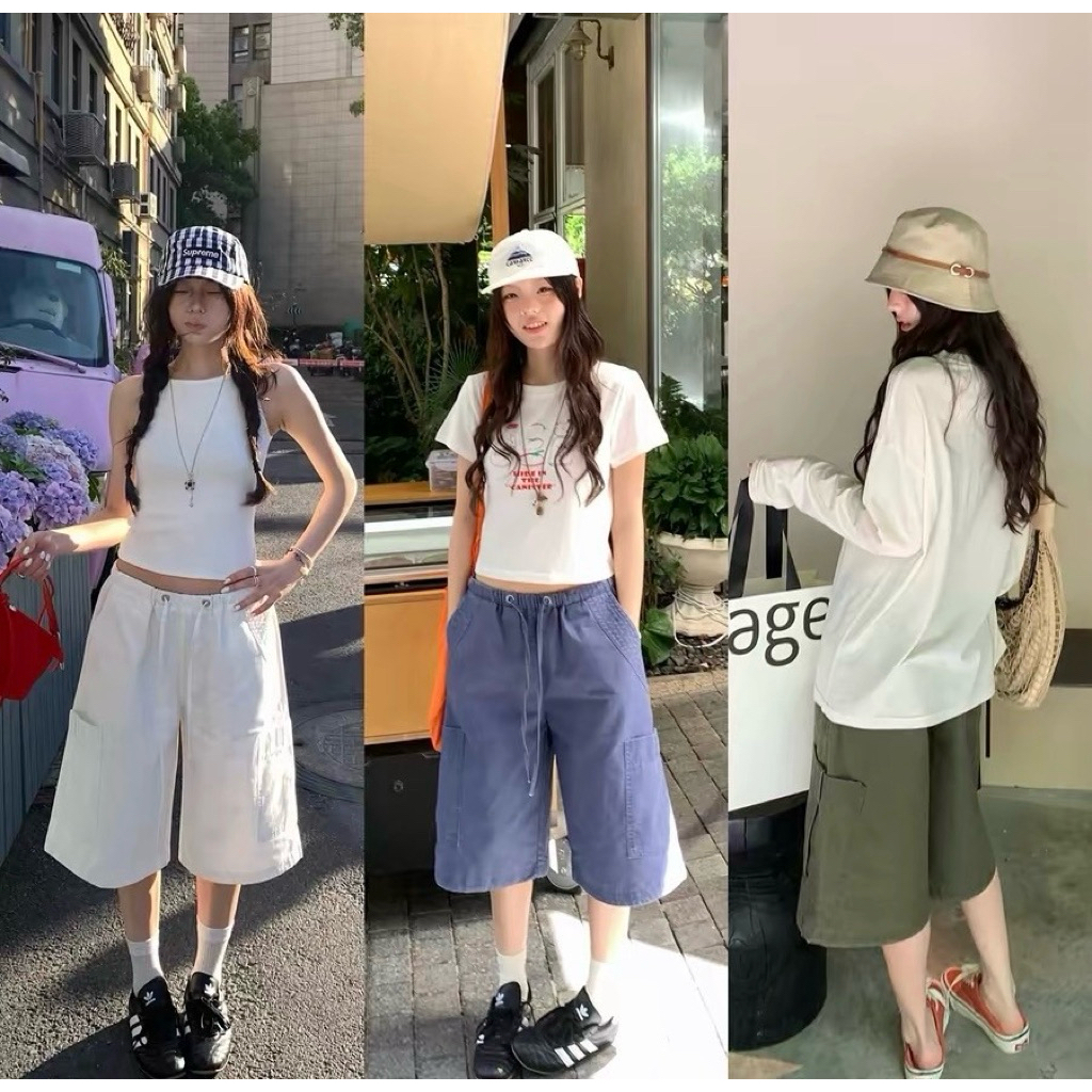 📍Pre ขาว📍10250# กางเกง cargo ขาสั้น งานมีกระเป๋าข้าง เอวยางยืด มีเชือกรูดช่วงเอว เนื้อผ้าดี ทรงสวย  TAG:WG.WE 🇰🇷