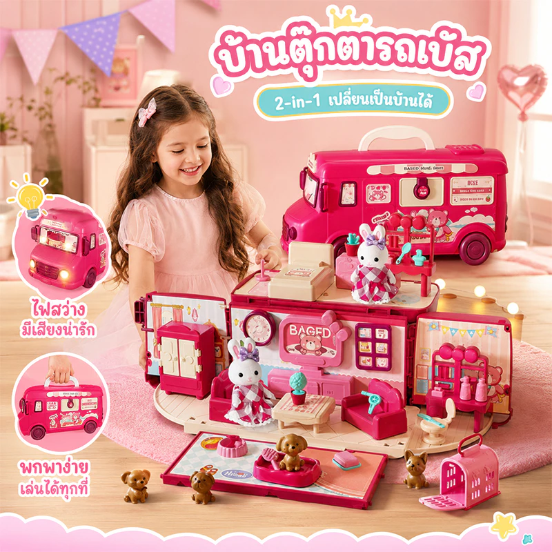COD เล่นของเล่นรถบัสสีชมพู รถบัสบ้านเจ้าหญิง จำลองสถานการณ์ชีวิต ของขวัญวันเกิด ของเล่นเสริมพัฒนาการ