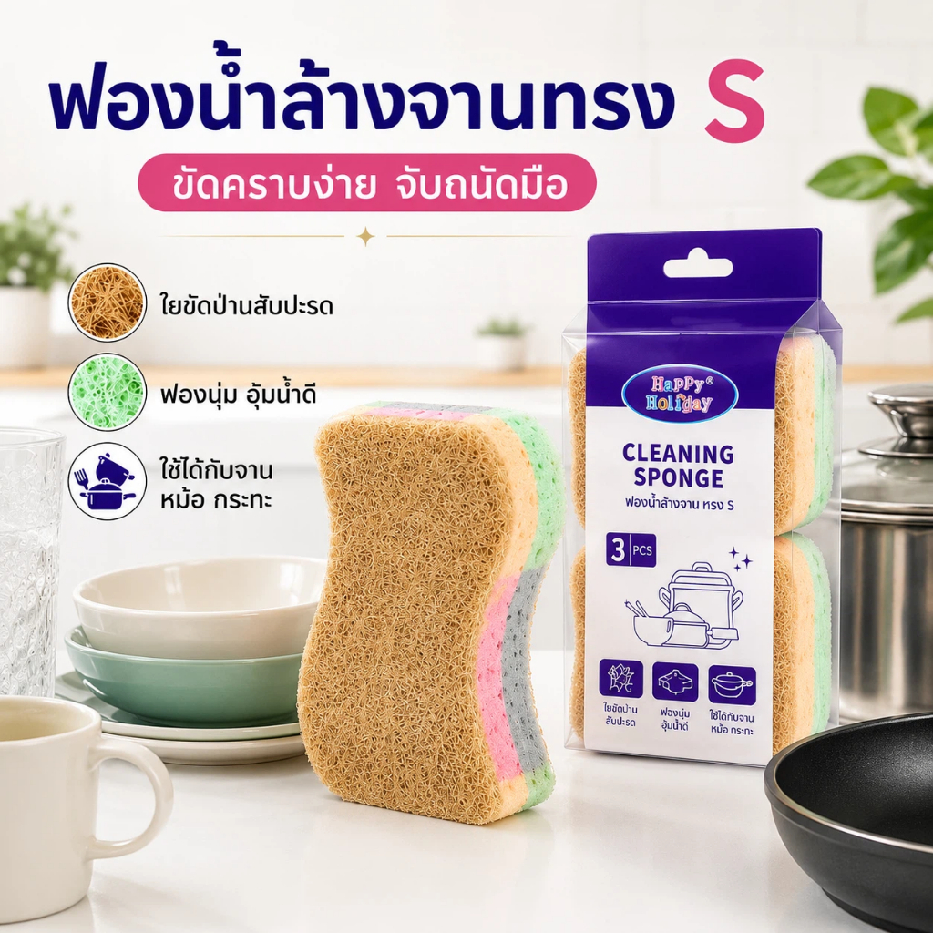 ONR ฟองน้ำทำความสะอาดล้างจานทรงS แพ็ค3/5/10ชิ้น ใยสับปะรดขัดคราบ แผ่นฟองน้ำนุ่ม