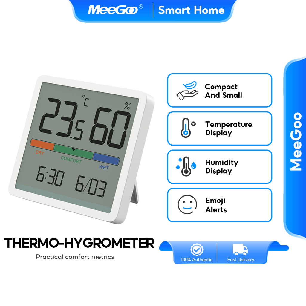 MeeGoo เครื่องวัดอุณหภูมิและความชื้นแสดงวันที่ อุณหภูมิ เวลา LCD ดิจิตอล 12/24H สำหรับบ้าน