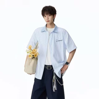 💥BecoolMan💥สไตล์อเมริกัน ปลอมสองชิ้น เสื้อเชิ้ต ฤดูร้อน แขนสั้น รุ่นคู่รัก หลวมสบาย ลายเส้นสีตัดกัน สไตล์นักศึกษา