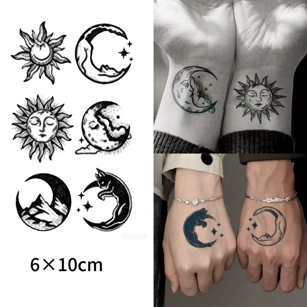 📦CODทั่วไทย 【Magic Tattoo】สติกเกอร์รอยสักลายพระอาทิตย์และพระจันทร์ กันน้ำ ติดทน2สัปดาห์