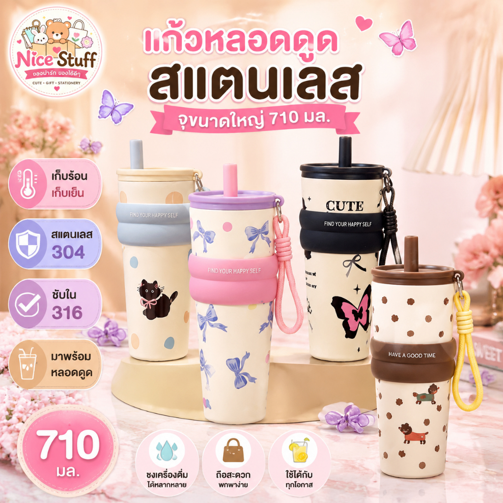 ถ้วยเก็บความร้อน แก้วเก็บความเย็น จุขนาดใหญ่ 316 สแตนเลส ไตล์น่ารักใหม่ พร้อมหลอด แก้วกาแฟ 710ML