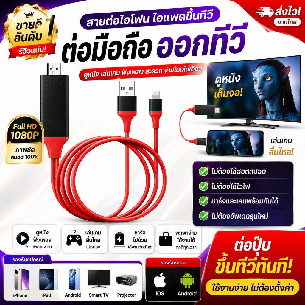 ️HDTV For Iphone Ipad️ สายต่อไอโฟนเข้าทีวี สายต่อมือถือเข้าทีวี สายต่อไอแพดเข้าทีวี สายต่อโทรศัพท์เข้าทีวี ยาว2เมตร