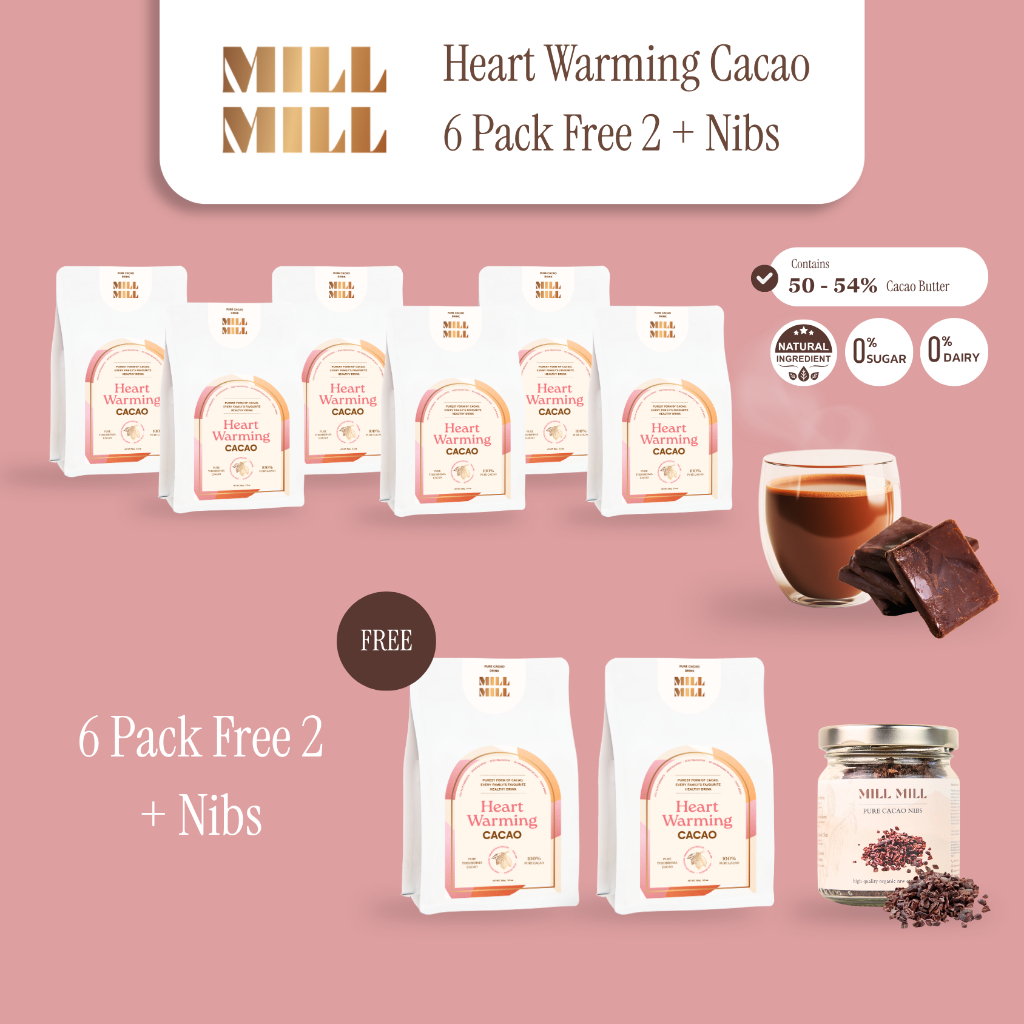Mill Mill Heart Warming โปร 6 ถุง คาเคา บาร์ ชงดื่ม คาเคาบริสุทธิ์100% ไม่ผ่านความร้อนสูง คาเคา แมส 