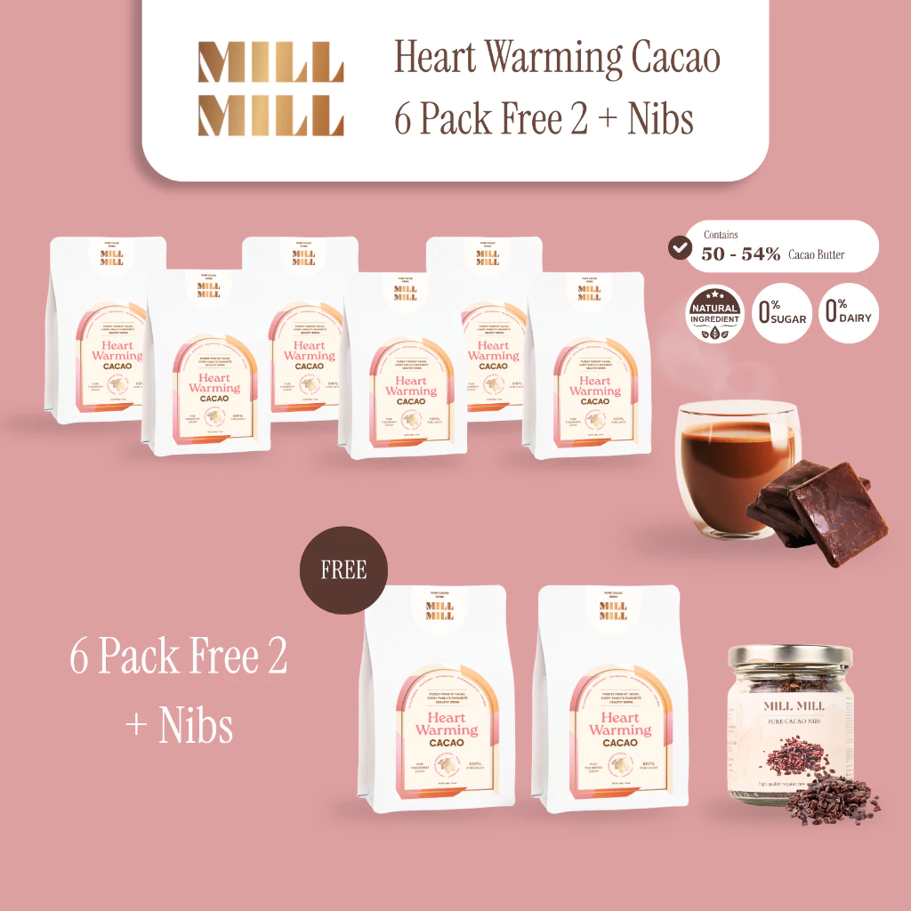 Mill Mill Heart Warming โปร 6 ถุง คาเคา บาร์ ชงดื่ม คาเคาบริสุทธิ์100% ไม่ผ่านความร้อนสูง คาเคา แมส โกโก้ แมส cacao mass