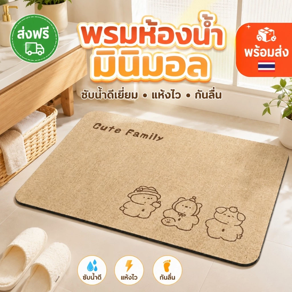 พรมเช็ดเท้าไดอะตอม พรมดินเบา ซับน้ำไว แห้งเร็ว กันลื่น พรมห้องน้ำ ไม่อับชื้น พร้อมส่งจากไทย