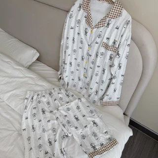Bunny bear - bunnyFluffy ชุดนอนมินิมอล ผ้าcottonพรีเมี่ยม แขนยาวขายาว ฟรีไซส์อก44